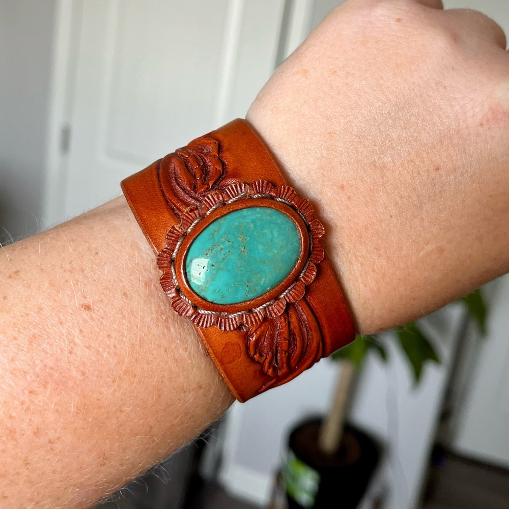 Leather Turquoise Tooled Cuff